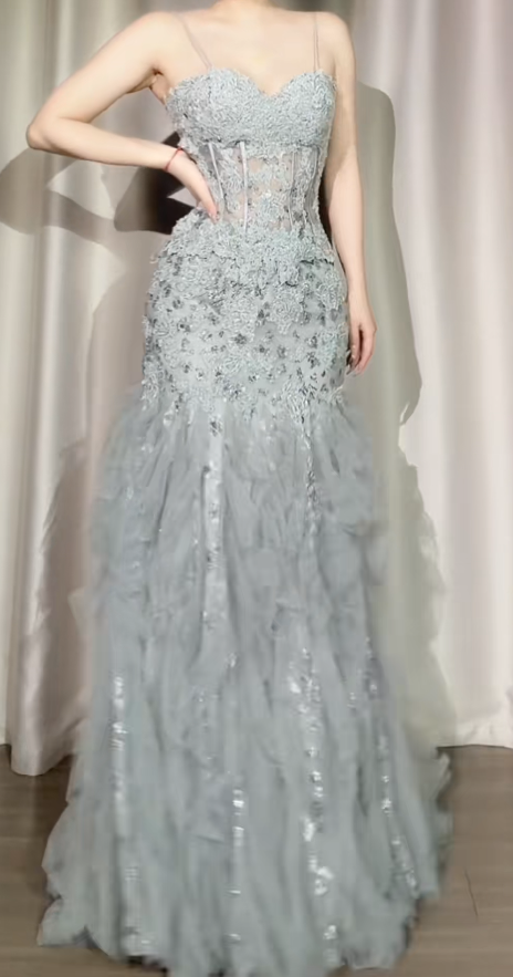 Elegant Light Gray Mermaid Long Prom Dresses Tulle Applique Spaghetti Straps Evening Dresses Sleeveless Formal Dresses ED05862