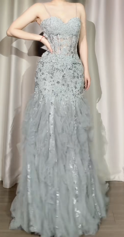 Elegant Light Gray Mermaid Long Prom Dresses Tulle Applique Spaghetti Straps Evening Dresses Sleeveless Formal Dresses ED05862