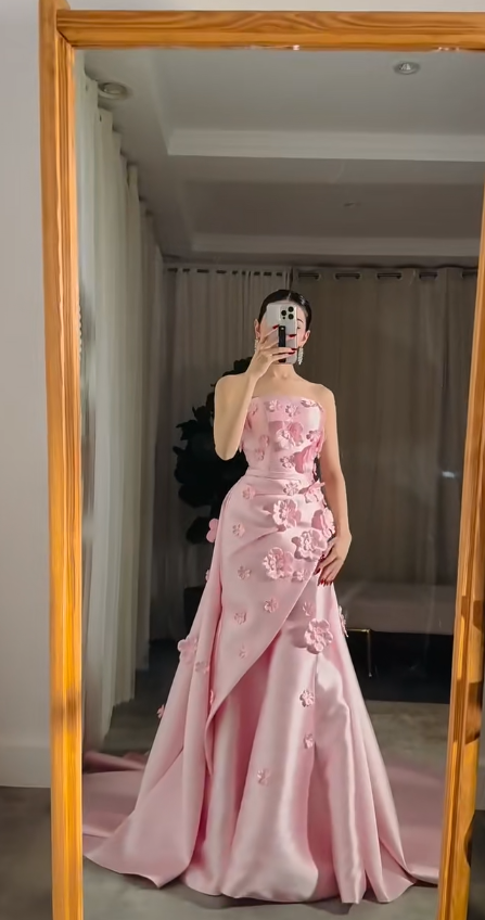 Elegant Pink Sheath Long Prom Dresses Satin Strapless Evening Dresses Sleeveless Formal Dresses ED05864