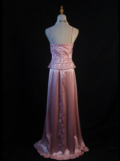 Chic Pink Sheath Long Prom Dresses Satin Beaded Spaghetti Straps Evening Dresses Sleeveless Formal Dresses ED05866