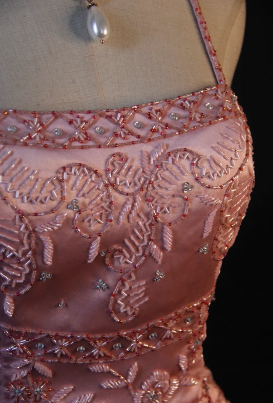 Chic Pink Sheath Long Prom Dresses Satin Beaded Spaghetti Straps Evening Dresses Sleeveless Formal Dresses ED05866