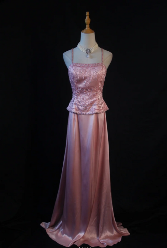 Chic Pink Sheath Long Prom Dresses Satin Beaded Spaghetti Straps Evening Dresses Sleeveless Formal Dresses ED05866