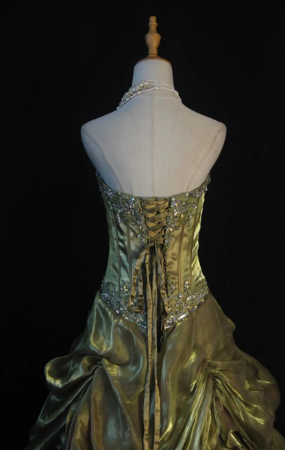 Chic Green A-Line Long Prom Dresses Satin Beaded Strapless Evening Dresses Sleeveless Formal Dresses ED05867