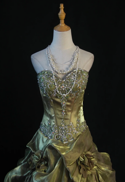 Chic Green A-Line Long Prom Dresses Satin Beaded Strapless Evening Dresses Sleeveless Formal Dresses ED05867