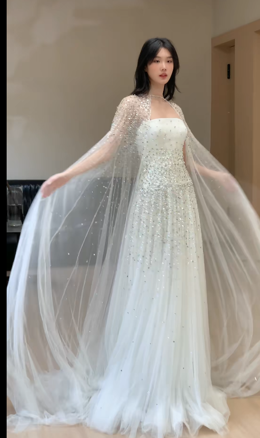 Chic White A-Line Long Prom Dresses Chiffon Beaded Strapless Evening Dresses Sleeveless Formal Dresses ED05868