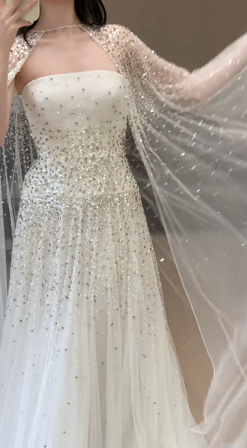 Chic White A-Line Long Prom Dresses Chiffon Beaded Strapless Evening Dresses Sleeveless Formal Dresses ED05868