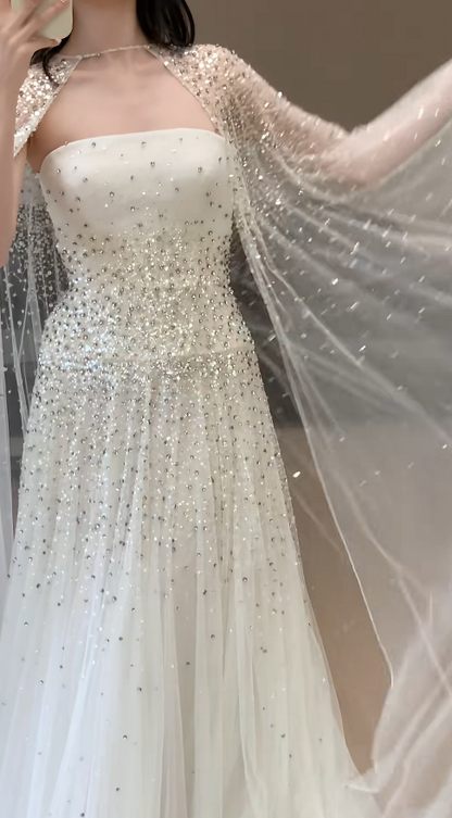 Chic White A-Line Long Prom Dresses Chiffon Beaded Strapless Evening Dresses Sleeveless Formal Dresses ED05868