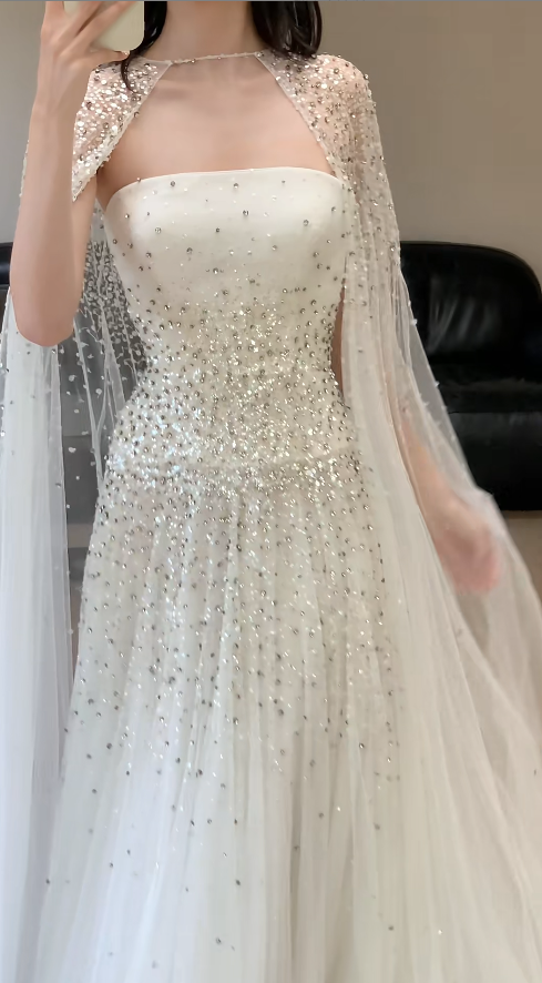 Chic White A-Line Long Prom Dresses Chiffon Beaded Strapless Evening Dresses Sleeveless Formal Dresses ED05868