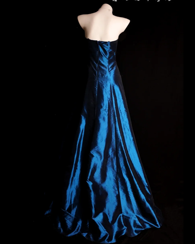 Glam Blue Sheath Long Prom Dresses Glitter Satin Strapless Evening Dresses Sleeveless Formal Dresses with Slits ED05871