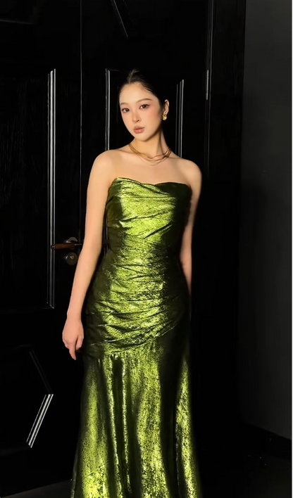 Glam Green Sheath Long Prom Dresses Sequins Strapless Evening Dresses Sleeveless Formal Dresses ED05873