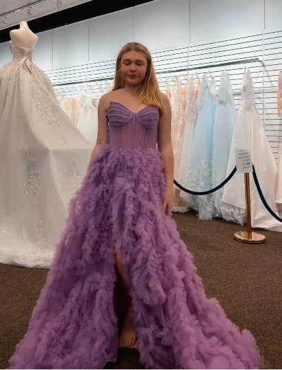 Glam Purple A-Line Long Prom Dresses Tulle Sweetheart Evening Dresses Sleeveless Formal Dresses ED05875