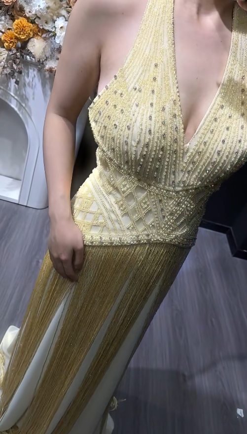 Glam Yellow A-Line Long Prom Dresses Tassle Beaded V-neck Evening Dresses Sleeveless Formal Dresses ED05876