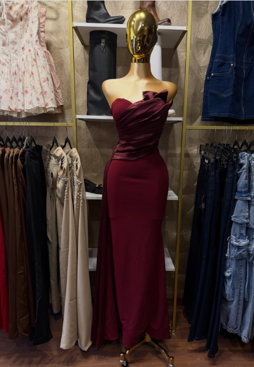 Glam Burgundy Sheath Long Prom Dresses Satin Sweetheart Evening Dresses Sleeveless Formal Dresses ED05879