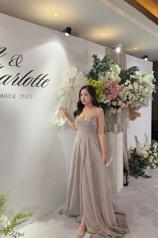 Elegant Champagne A-Line Long Prom Dresses Glitter Satin Spaghetti Straps Evening Dresses Sleeveless Formal Dresses ED05882