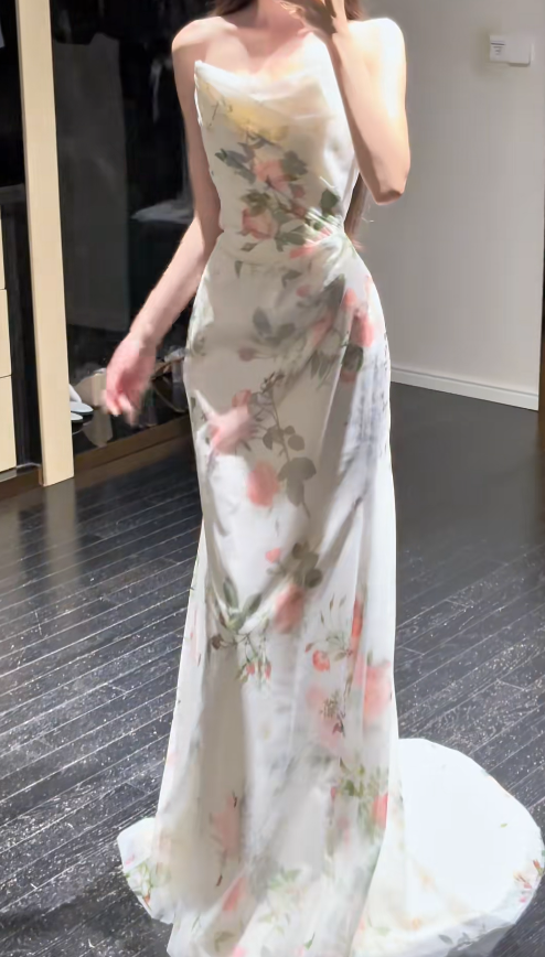 Elegant White Sheath Long Prom Dresses Floral Chiffon Strapless Evening Dresses Sleeveless Formal Dresses ED05883