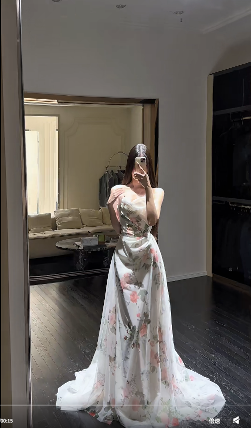 Elegant White Sheath Long Prom Dresses Floral Chiffon Strapless Evening Dresses Sleeveless Formal Dresses ED05883