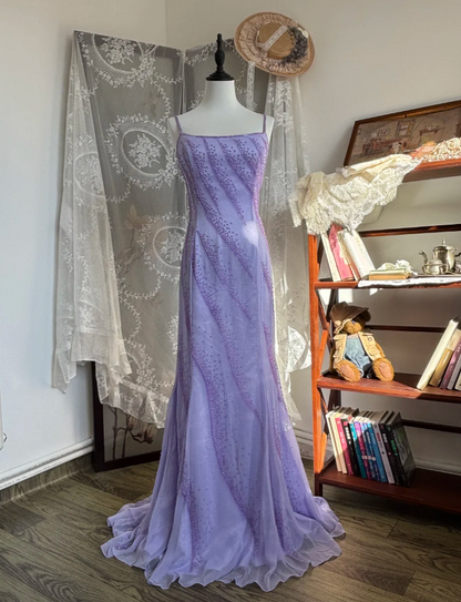 Elegant Purple Sheath Long Prom Dresses Beaded Chiffon Sapghetti Straps Evening Dresses Sleeveless Formal Dresses ED05884