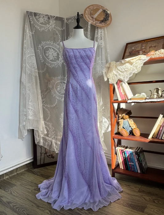 Elegant Puprle Sheath Long Prom Dresses Beaded Chiffon Sapghetti Straps Evening Dresses Sleeveless Formal Dresses ED05884