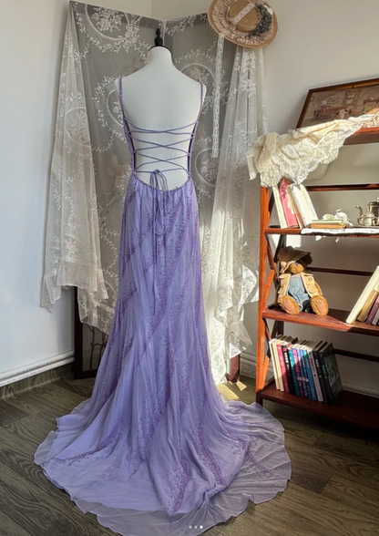 Elegant Purple Sheath Long Prom Dresses Beaded Chiffon Sapghetti Straps Evening Dresses Sleeveless Formal Dresses ED05884