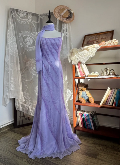 Elegant Purple Sheath Long Prom Dresses Beaded Chiffon Sapghetti Straps Evening Dresses Sleeveless Formal Dresses ED05884