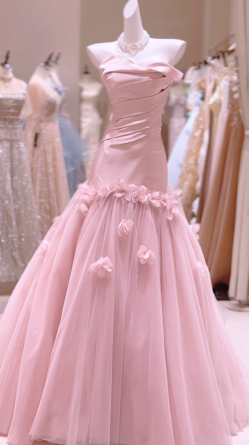 Elegant Pink Sheath Long Prom Dresses Satin Strapless Quinceanera Dresses Sleeveless Sweet 16 Dresses ED05886