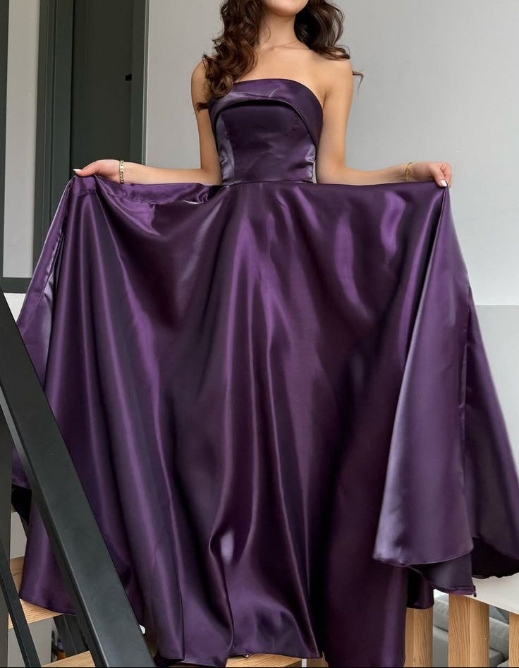 Elegant Purple A-Line Long Prom Dresses Satin  Strapless Party Dresses Sleeveless Evening Dresses ED05888
