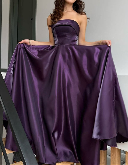 Elegant Purple A-Line Long Prom Dresses Satin  Strapless Party Dresses Sleeveless Evening Dresses ED05888