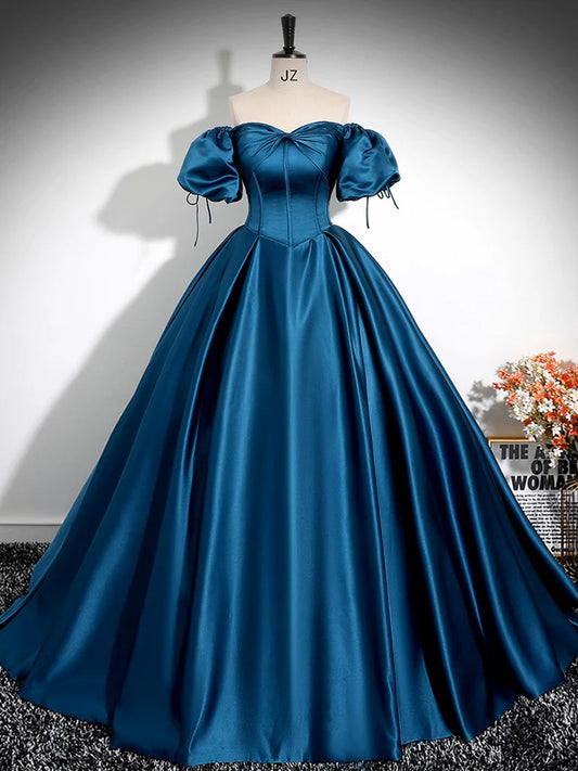 A-Linie Puffärmel Satin Pfauenblau Langes Ballkleid, Pfauenblau Langes Abendkleid ED0588