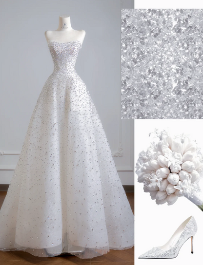 Modest Strapless A-Line Long Wedding Dresses Rhinstones Tulle White Bridal Dresses Sleeveless Bridal Gowns ED05893