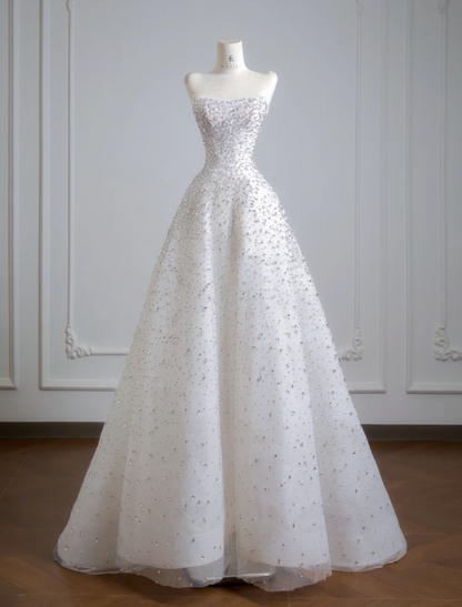 Modest Strapless A-Line Long Wedding Dresses Rhinstones Tulle White Bridal Dresses Sleeveless Bridal Gowns ED05893