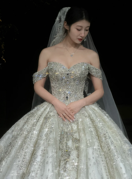 Modest Off-shoulder Ball Gown Long Wedding Dresses Rhinstones Tulle White Bridal Dresses Sleeveless Bridal Gowns ED05894