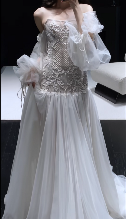 Luxury Strapless Sheath Long Wedding Dresses Beaded Tulle White Bridal Dresses Sleeveless Bridal Gowns ED05898