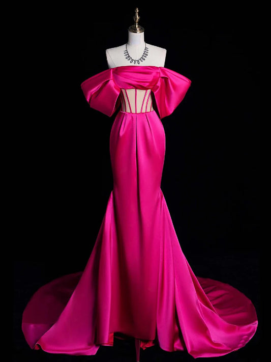 Robe de bal longue en satin rouge rose, simple, épaules dénudées, style sirène, robe de soirée rouge rose ED0589