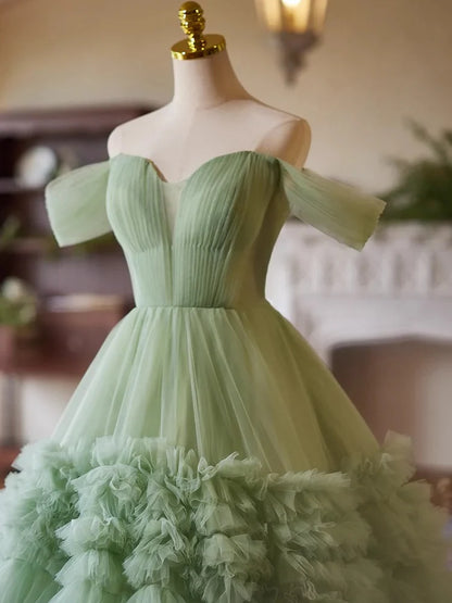 Robe de bal longue en tulle vert, coupe trapèze, épaules dénudées, décolleté en cœur, ED059