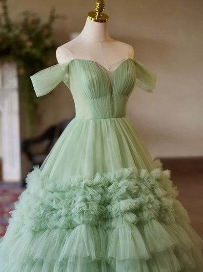Robe de bal longue en tulle vert, coupe trapèze, épaules dénudées, décolleté en cœur, ED059