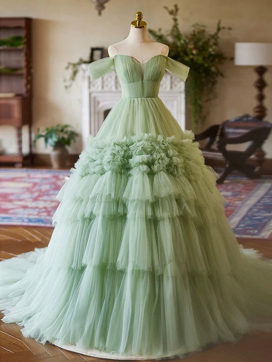 A-Line Off Shoulder Sweetheart Neck Tulle Green Long Prom Dress ED059