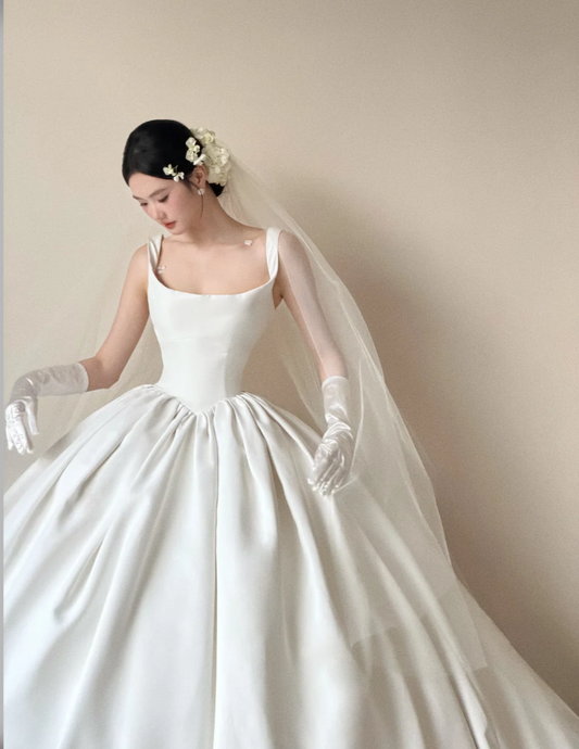 Simple Spaghetti Straps A-Line Long Wedding Dresses Satin White Bridal Dresses Sleeveless Bridal Gowns ED05901