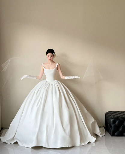 Simple Spaghetti Straps A-Line Long Wedding Dresses Satin White Bridal Dresses Sleeveless Bridal Gowns ED05901