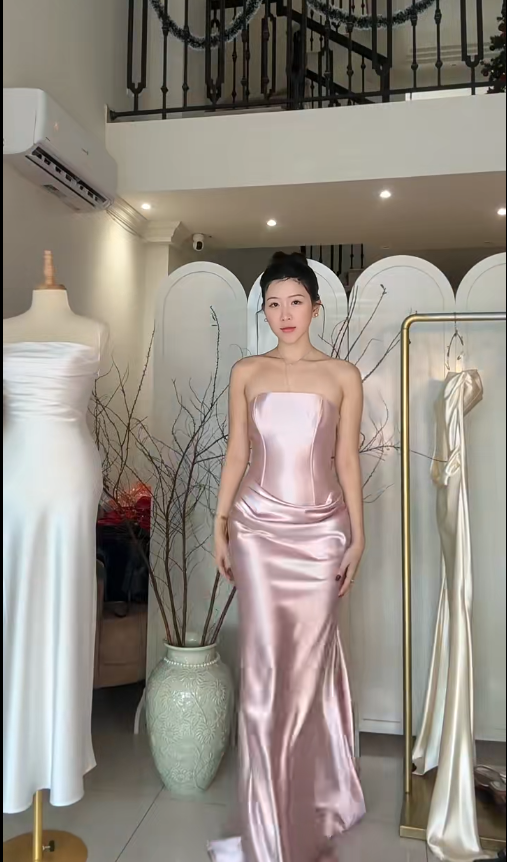 Simple Strapless Sheath Pink Bridesmaid Dresses Satin Sleeveless Long Evening Dresses ED05904