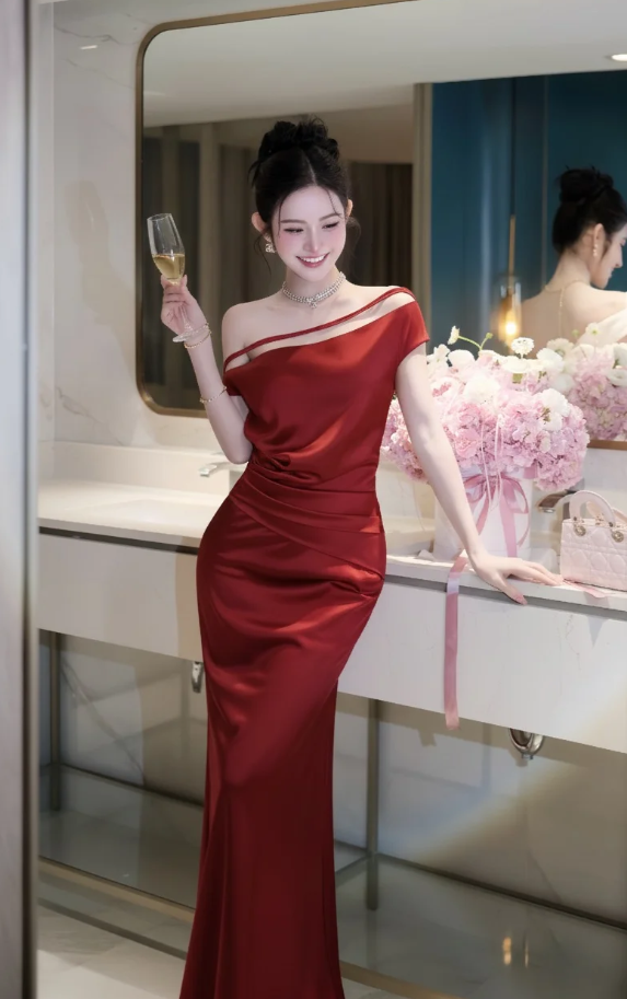 Simple Off-shoulder Sheath White Bridesmaid Dresses Satin Sleeveless Long Evening Dresses  ED05905