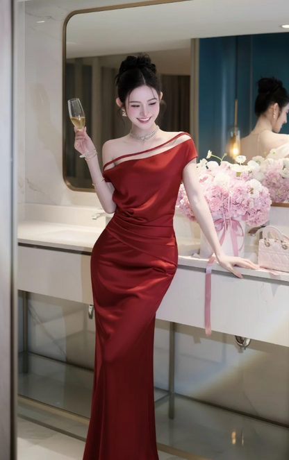 Simple Off-shoulder Sheath White Bridesmaid Dresses Satin Sleeveless Long Evening Dresses  ED05905
