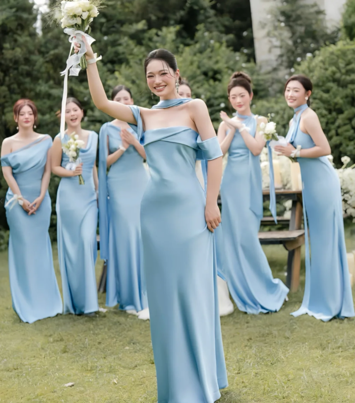 Simple Off-shoulder Sheath Yellow Bridesmaid Dresses Satin Sleeveless Long Evening Dresses ED05906