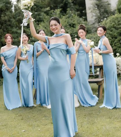 Simple Off-shoulder Sheath Yellow Bridesmaid Dresses Satin Sleeveless Long Evening Dresses ED05906