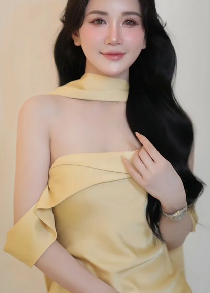 Simple Off-shoulder Sheath Yellow Bridesmaid Dresses Satin Sleeveless Long Evening Dresses ED05906