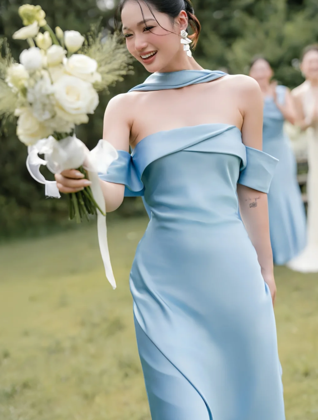 Simple Off-shoulder Sheath Yellow Bridesmaid Dresses Satin Sleeveless Long Evening Dresses ED05906