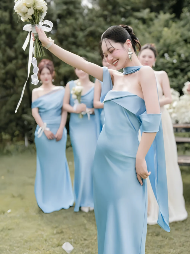 Simple Off-shoulder Sheath Yellow Bridesmaid Dresses Satin Sleeveless Long Evening Dresses ED05906