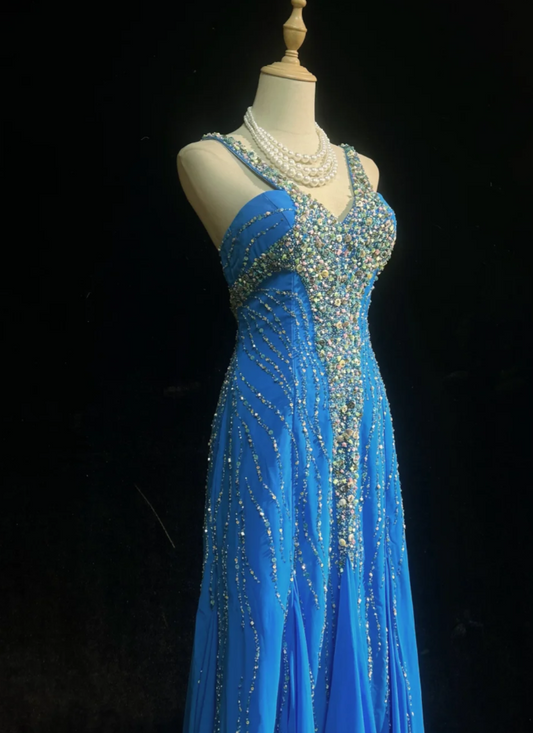 Simple Halter Sheath Blue Long Prom Dresses Beaded Chiffon Evening Dresses Sleeveless Birthday Dresses ED05909