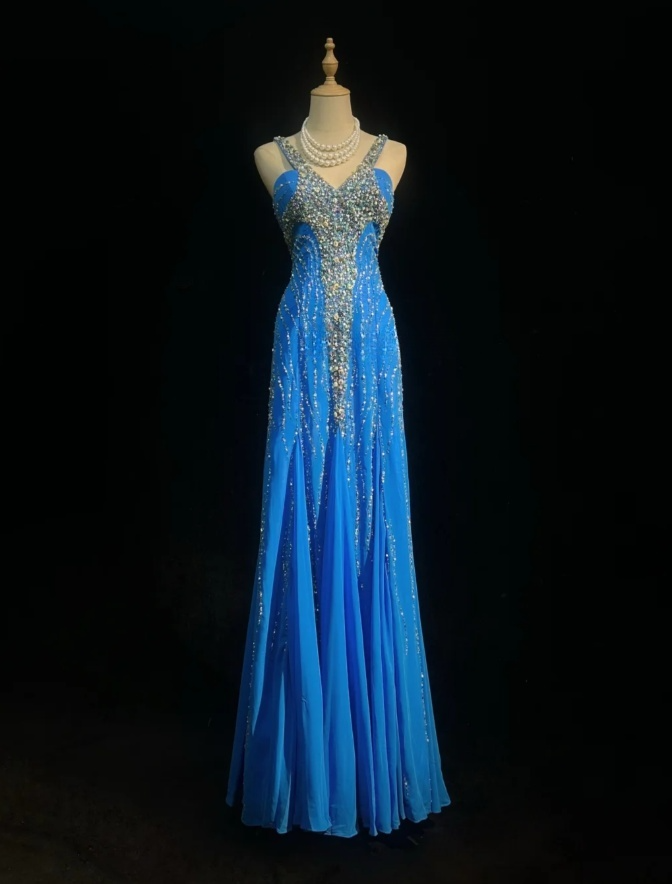 Simple Halter Sheath Blue Long Prom Dresses Beaded Chiffon Evening Dresses Sleeveless Birthday Dresses ED05909