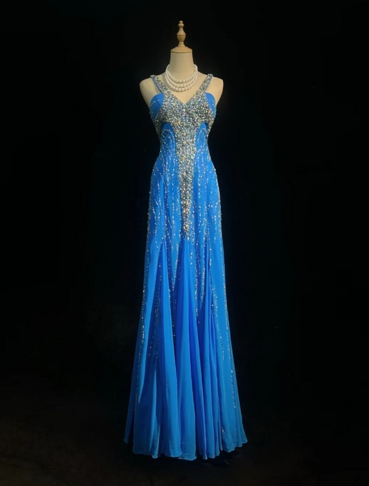 Simple Halter Sheath Blue Long Prom Dresses Beaded Chiffon Evening Dresses Sleeveless Birthday Dresses ED05909