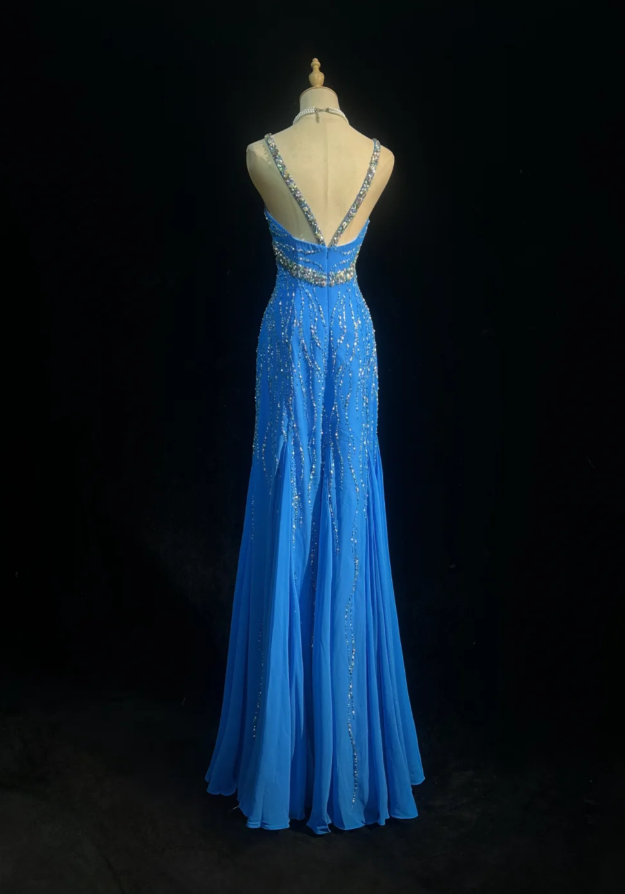 Simple Halter Sheath Blue Long Prom Dresses Beaded Chiffon Evening Dresses Sleeveless Birthday Dresses ED05909